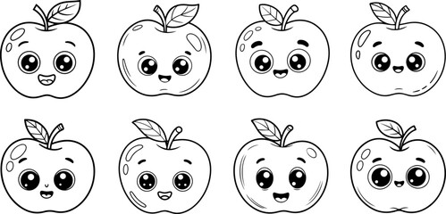 Set of cute apple cartoon line drawing with face outline vector illustration