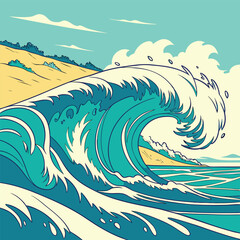 Artistic illustration of a large ocean wave curling with sandy beach and blue sky in a vibrant pop art style