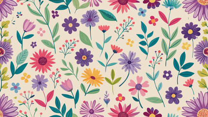 Seamless pattern of colorful flat flowers and leaves on cream background floral pattern