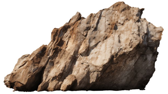 A large rock formation with visible layers and textures against a transparent background in natural lighting