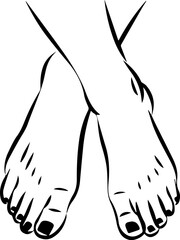 line drawing of crossed female feet with nail polish. vector illustration