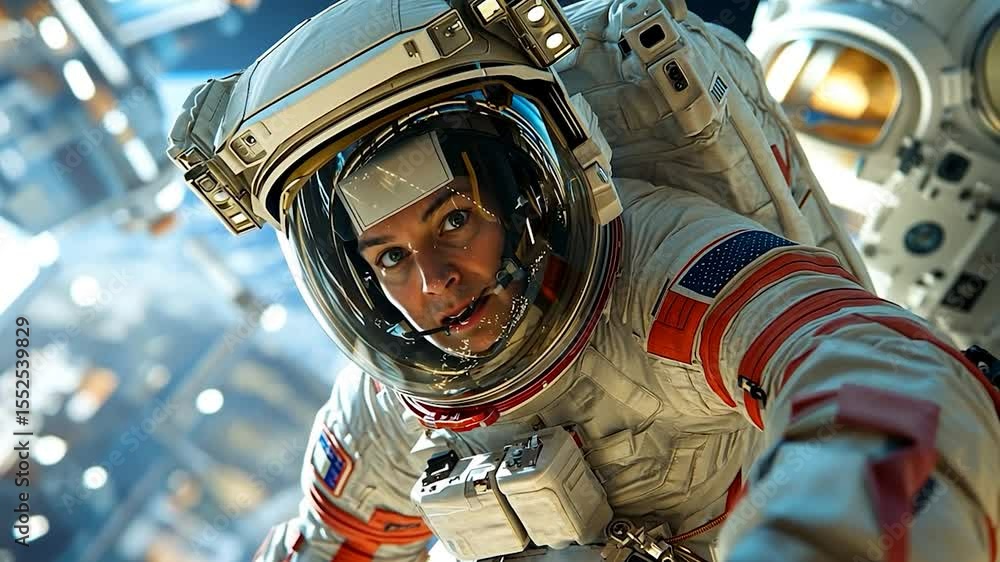 Poster female astronaut floating in spacesuit with planet earth visible through helmet reflection