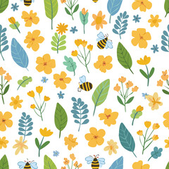 Obraz premium Yellow flowers and bees seamless pattern with blue leaves bumblebee insect