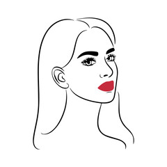 Elegant line drawing of a woman’s face with red lips, ideal for beauty, fashion, or modern minimalist design projects