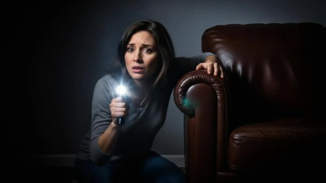 Woman crouching with flashlight near brown couch in a dimly lit dark room indoors