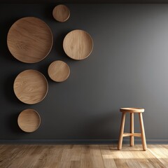 Wooden discs adorn dark wall, minimalist stool