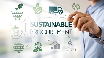 Business professional interacting with digital interface showcasing sustainable procurement icons and growth graph
