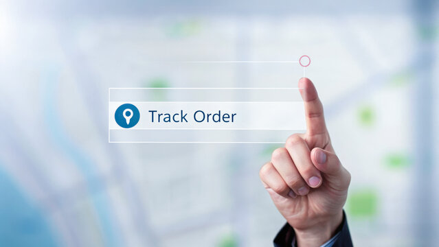 A hand pointing at a digital interface displaying a "Track Order" feature, suggesting online order tracking. - Powered by Adobe