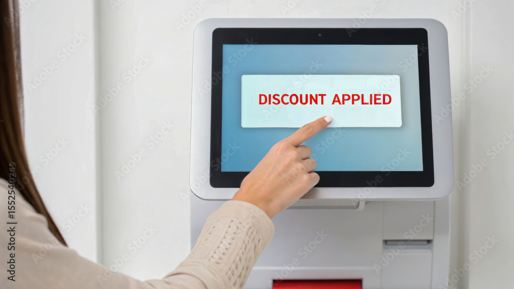 Poster a person interacts with a touchscreen kiosk displaying a 