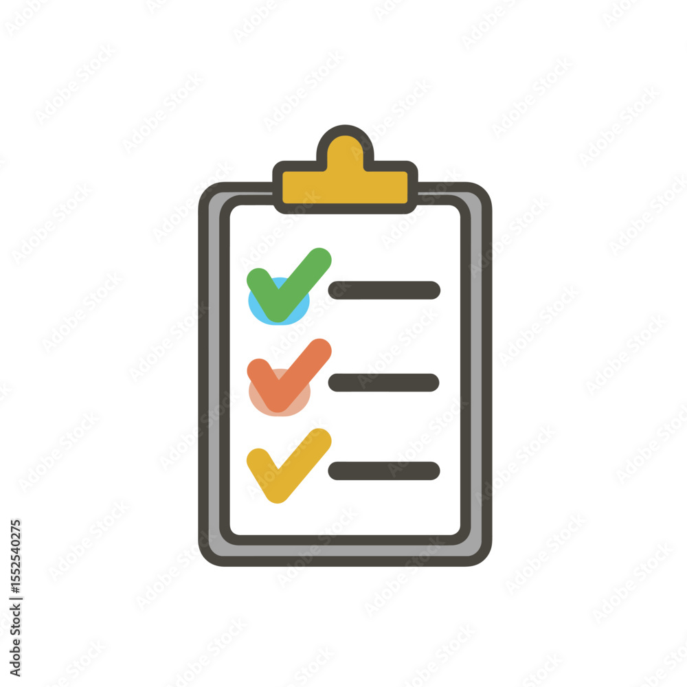 Poster checkmarks on clipboard icon with bold outline and transparent background design