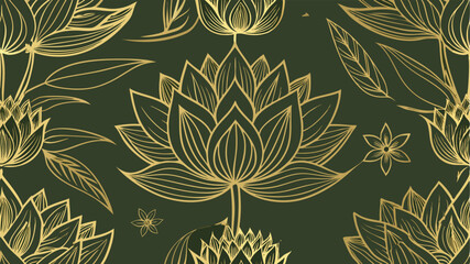Gold outline lotus flowers and leaves on dark green background seamless pattern floral
