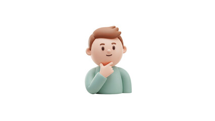 Cartoon man thoughtfully touching his chin, looking up and to the right, isolated on white.