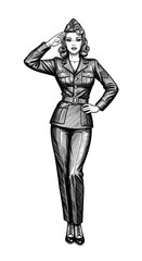 Obraz premium Military Woman in Camo Uniform Saluting Gesture Transparent Illustration