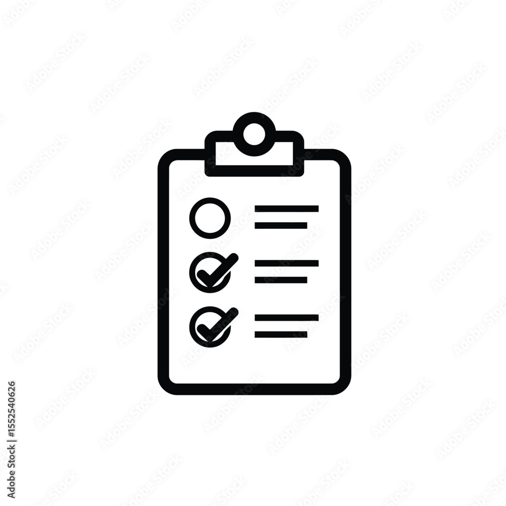 Poster clipboard icon with checkmarks and lines, black and white checklist symbol