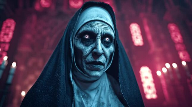 Haunting Gaze: A chilling portrayal of a sinister nun in a dimly lit cathedral, her hollow eyes pierce through the shadows, conjuring a palpable sense of dread and mystery. 