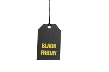 Dark tag, yellow text: Black Friday sale, isolated on white, PNG