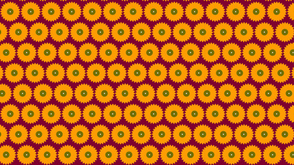 Seamless pattern of stylized orange sunflowers with green and white centers on a burgundy background
