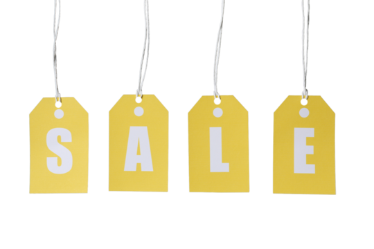 Yellow tags show sale info clearly, isolated on white, PNG - Powered by Adobe