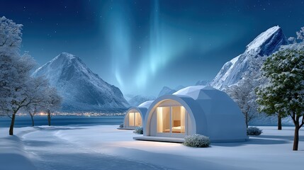Sustainable tourism and business, Snow-covered geodesic dome cabins under a starry night sky with Northern Lights, surrounded by mountains and trees.