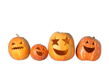 Four cheerful Halloween pumpkins, isolated on white, PNG