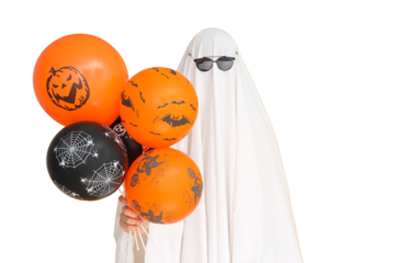 Sunglasses ghost with balloons for Halloween, isolated on white, PNG