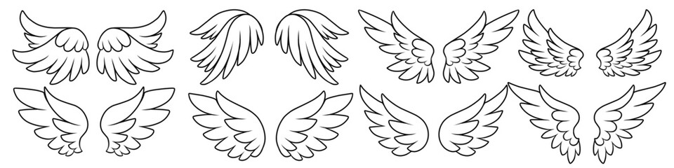 Collection of Wing Outlines for Creative Projects. with line art design style 
