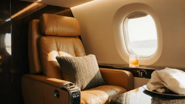 Business class airplane cabin with premium seats, refined textures, sophisticated design. Comfortable and stylish travel experience, perfect for corporate aviation and first-class airline promotions.