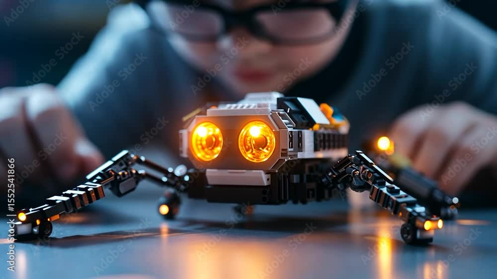 Poster Child Interacting With Illuminated Robotic Spider Toy On Tabletop With Focus On Glowing Eyes
