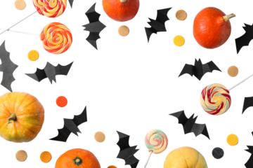 Pumpkins, lollipops, and bats, isolated on white, PNG