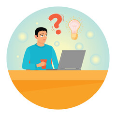 A Thoughtful Man Sitting at a Desk with a Laptop, Pondering Ideas with Question Mark and Lightbulb.