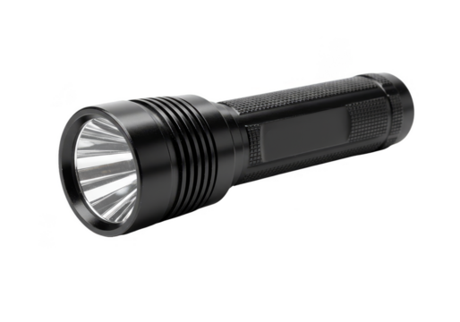 Portable Black Flashlight with Light Illumination on Transparent Background