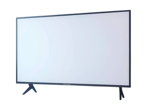 Angled view of a flat-screen TV with a white screen
