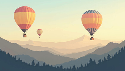 Fototapeta premium Three colorful hot air balloons floating over layered mountain ranges at sunset.