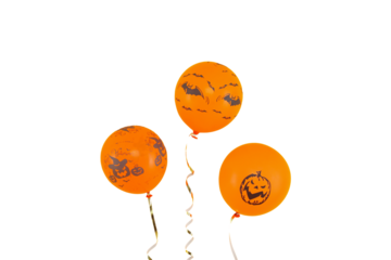 Halloween-themed orange balloons ready, isolated on white, PNG