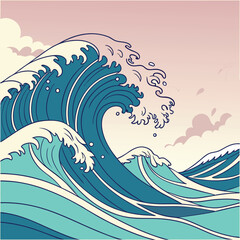Illustration of a great wave in the japanese ukiyo-e style depicting the power and beauty of the ocean