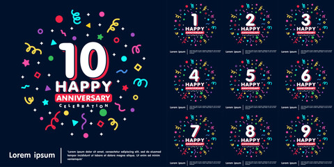Set of 1st-10th years anniversary celebration emblem. Happy anniversary logo isolated with colorful confetti and line doodle and stars. vector illustration template design for web banner