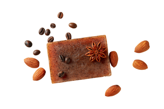 Coffee, almond, and spice handmade soap, isolated on white, PNG