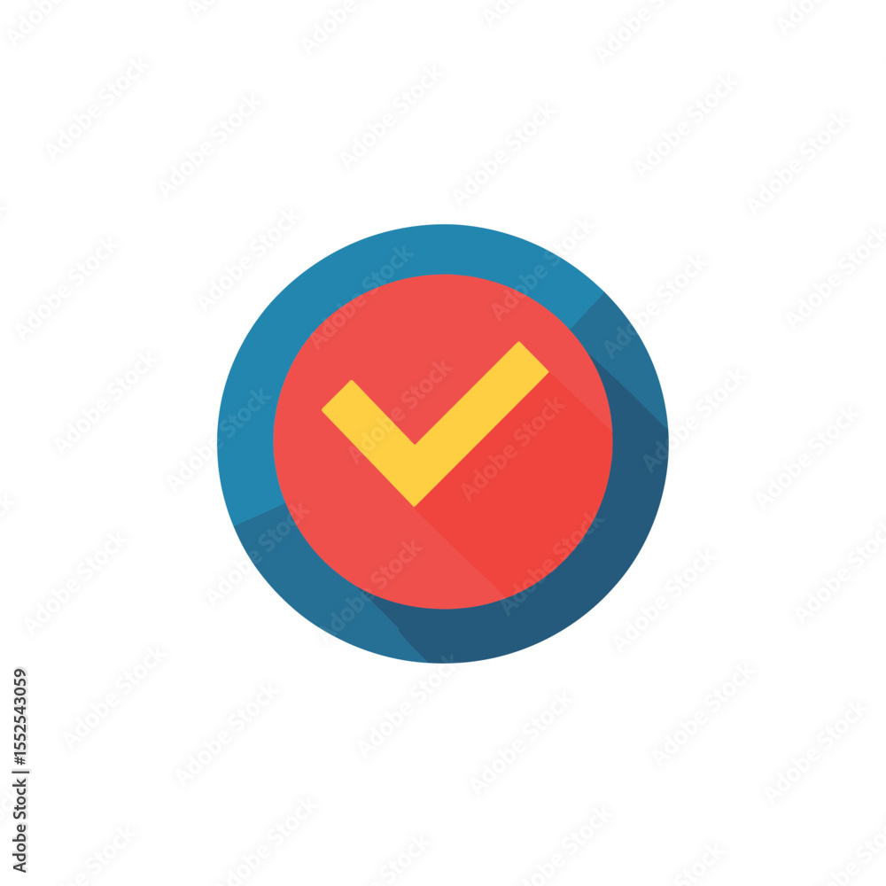 Poster isolated check mark icon yellow tick inside red circle with blue border