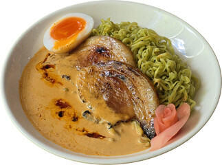 “Green Ramen Noodles in Creamy Broth with Pork and Soft-Boiled Egg”