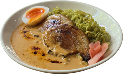 “Green Ramen Noodles in Creamy Broth with Pork and Soft-Boiled Egg”