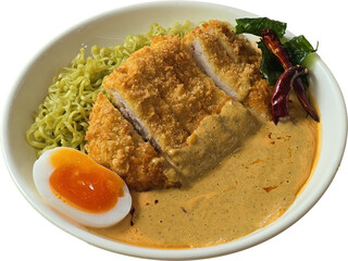 “Crispy Katsu with Creamy Sauce and Herb-Infused Green Noodles”