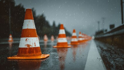 Wet road cones in rain