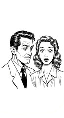 Retro Couple Sketch Portrait Vintage Style Graphic Art Illustration