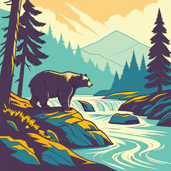 Majestic bear standing near a cascading waterfall within a picturesque mountain and forest landscape setting