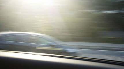 Obraz premium A gentle soft-light image of a moving car with a blur effect, diffused shadows, and subtle illumination, featuring a serene and peaceful atmosphere
