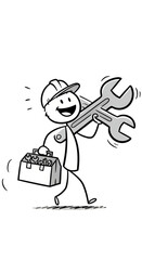 Smiling Cartoon Stick Figure Repairman with Tools on Transparent Background