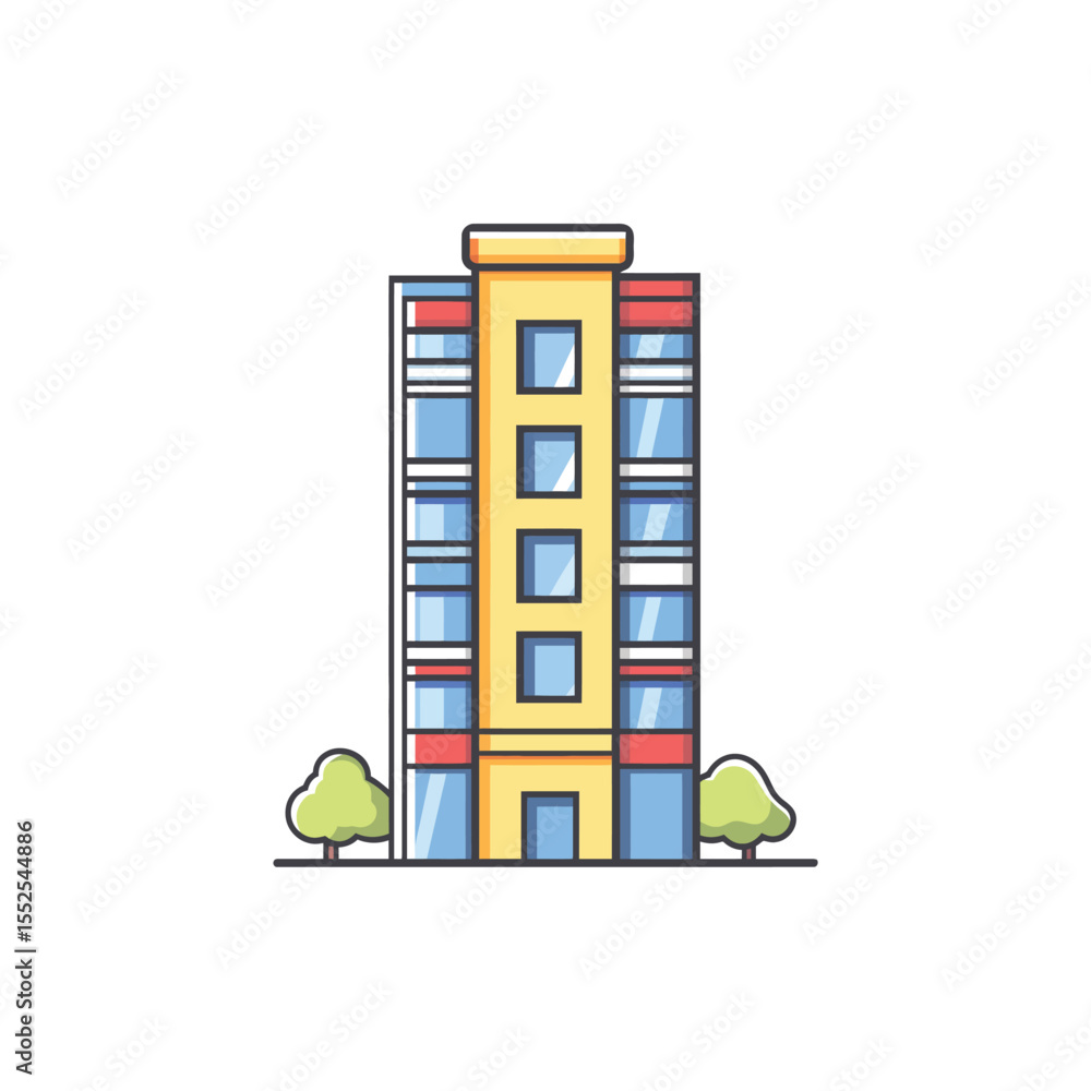 Poster modern building with windows and trees on transparent background