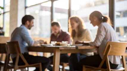 Students in a classroom and businesspeople in a cafe, both groups working, meeting, and smiling