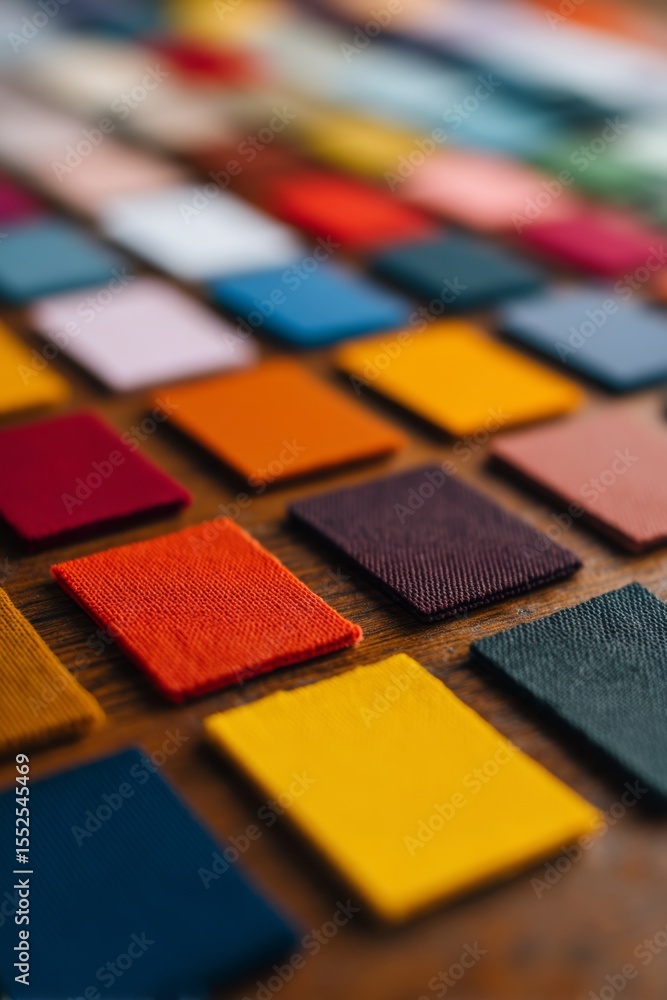 Poster a vibrant array of fabric swatches in various colors arranged neatly on a wooden surface, showcasing