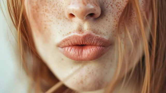Close-Up Portrait of Young Woman with Freckles and Soft Lips with ai generated
